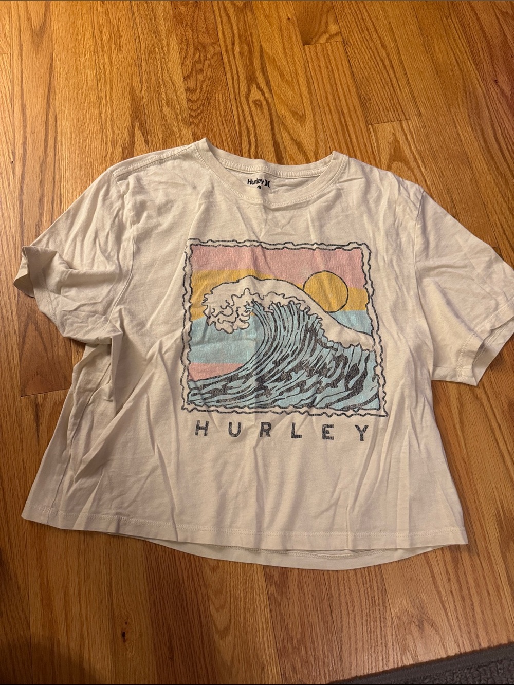 Hurley White Crop Tee with Pastel Wave Graphic